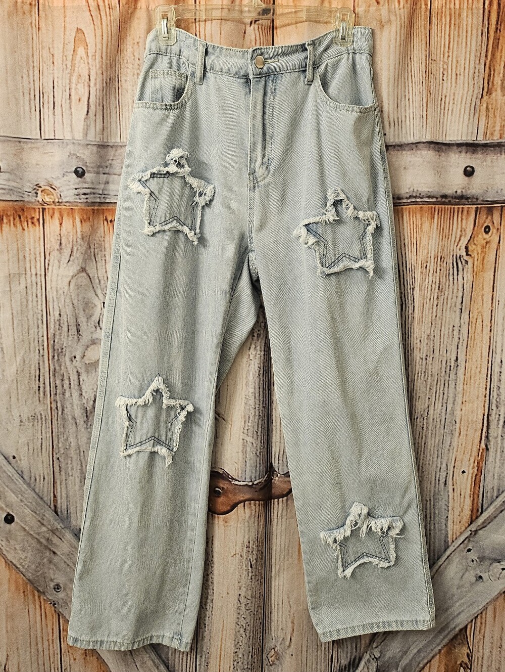 Men's Light Blue Distressed Star Patch Jeans